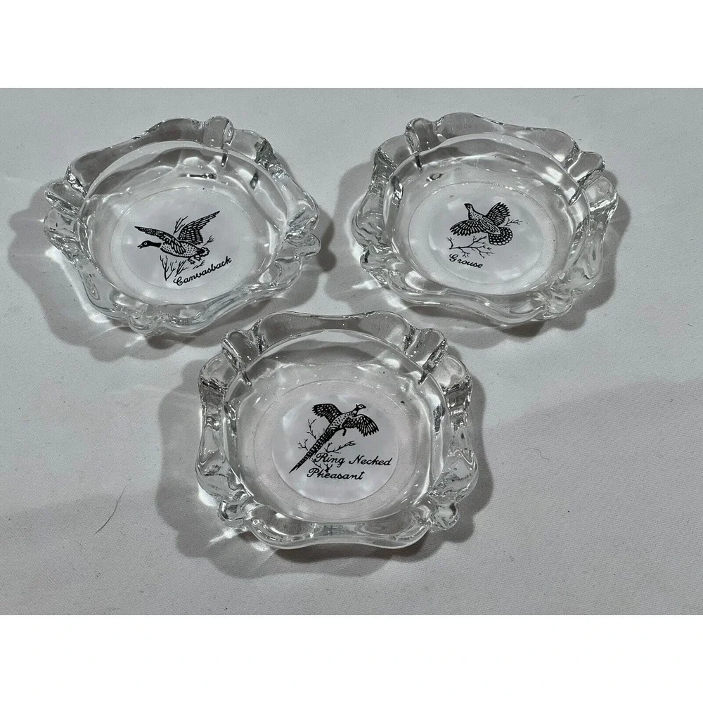 Game Bird Ashtray Set Lot Of 3 Glass‎ Grouse Pheasant Hunting Decor
